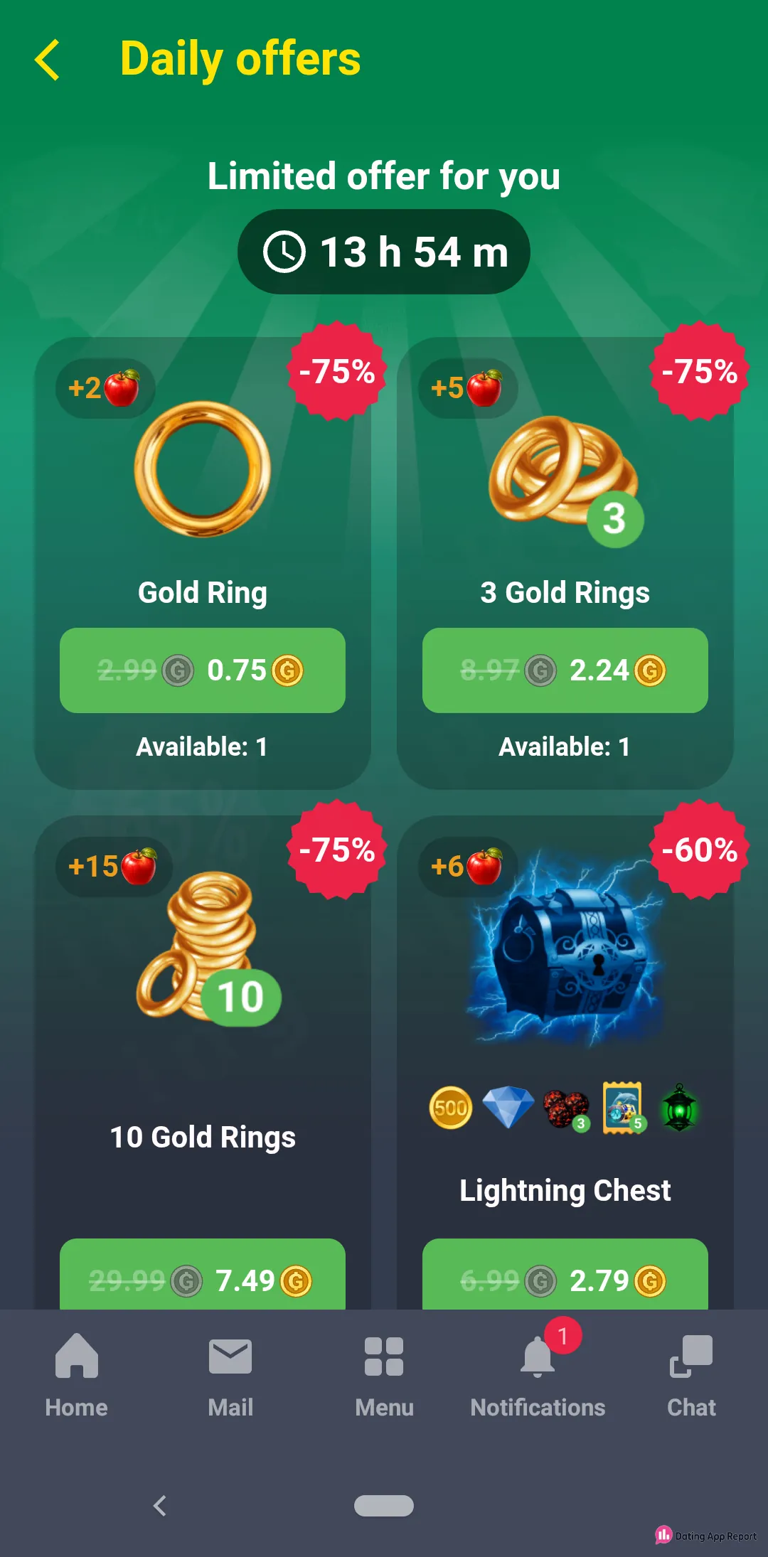 A "Daily offers" page with a countdown lists discounted Gold Rings and a Lightning Chest, priced in G credits.
