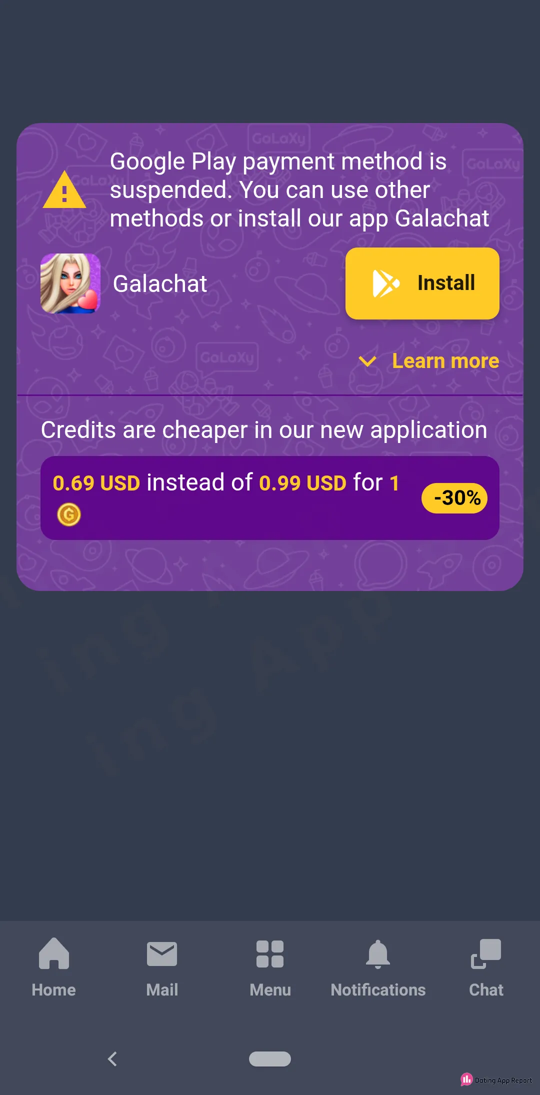 Top-up screen says Google Play payment is suspended and offers credits at 0.69 USD in Galachat.