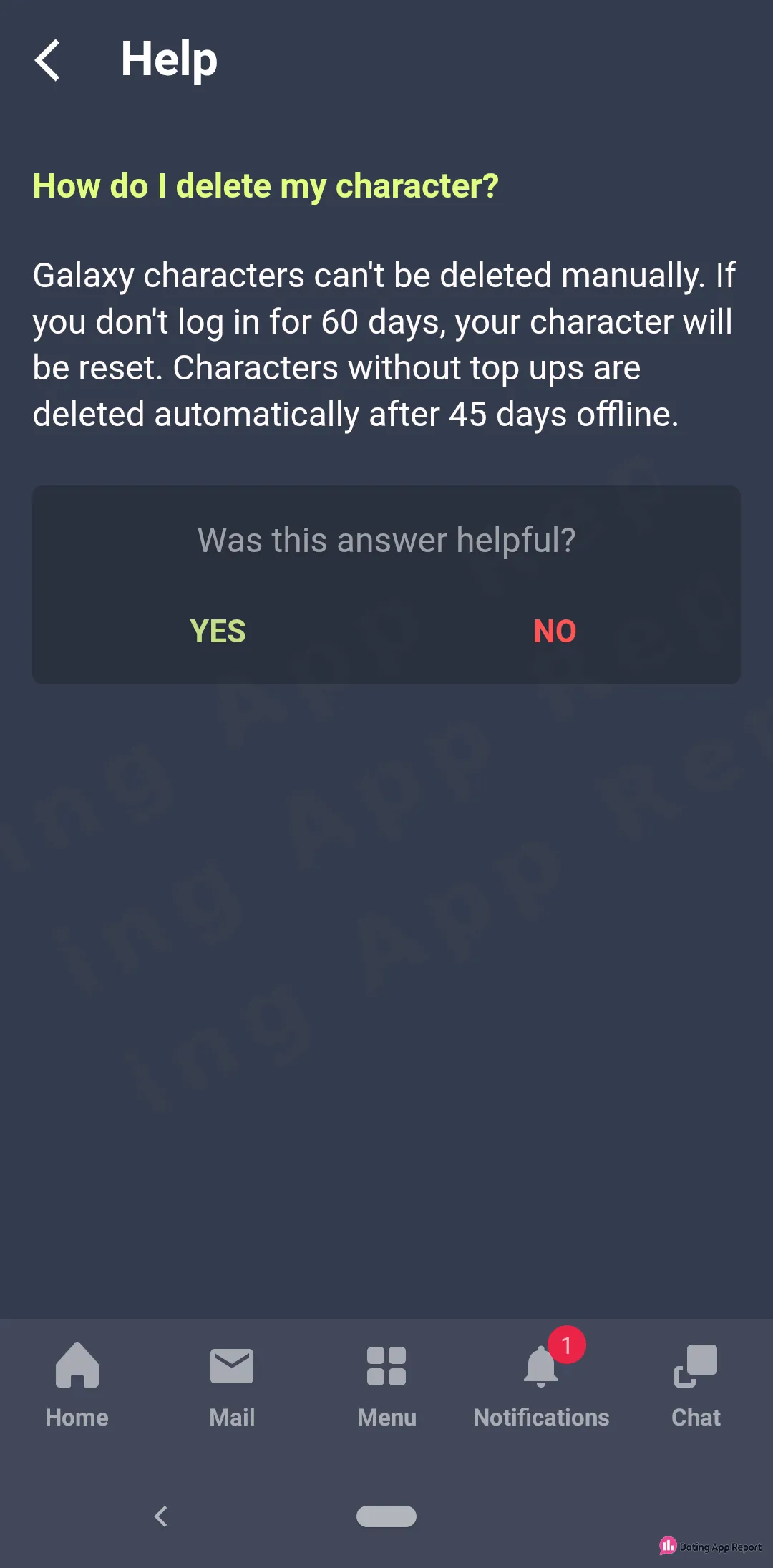 Help FAQ says Galaxy characters can't be deleted manually; they're reset or removed only after inactivity.