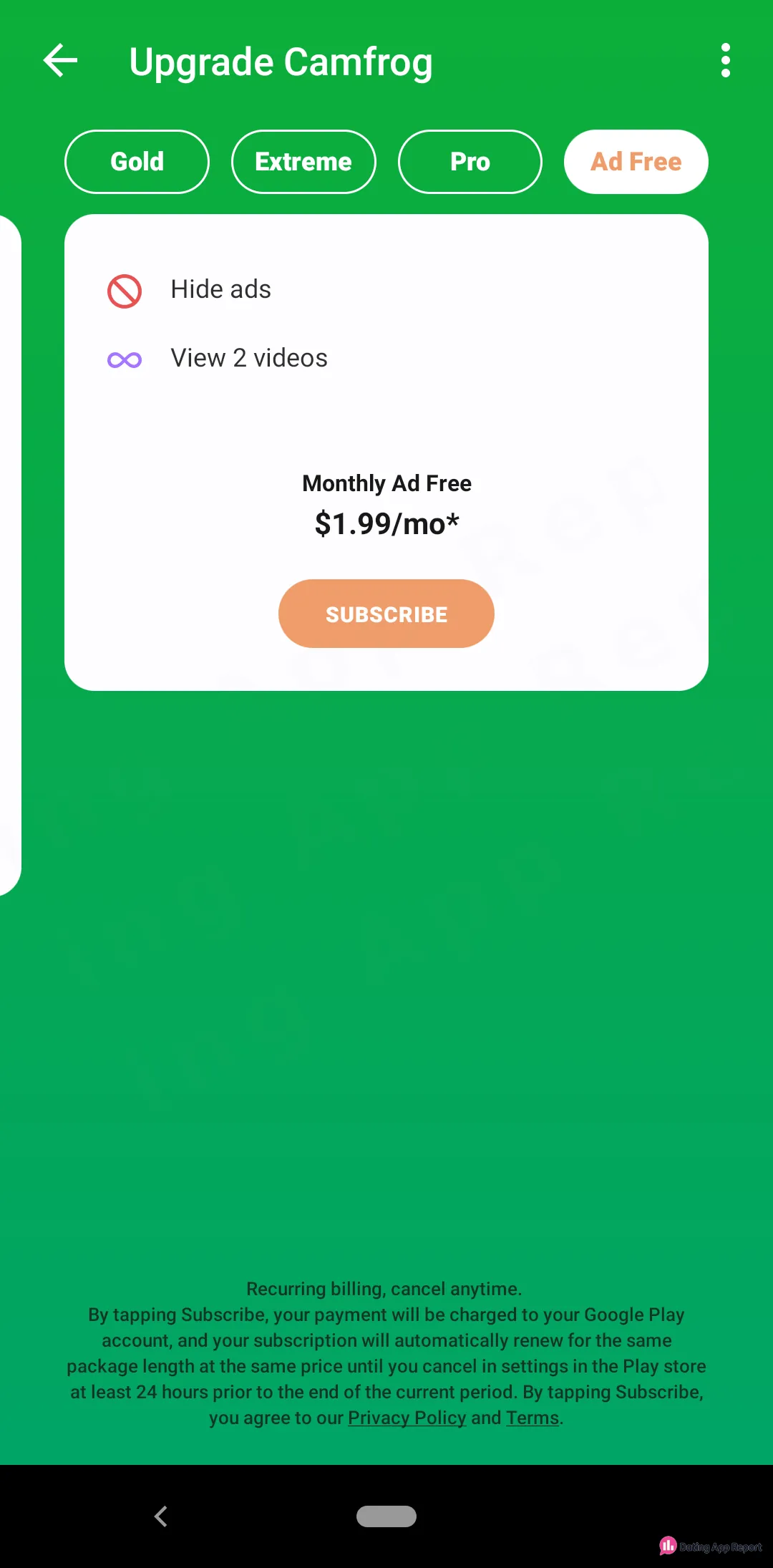 Upgrade Camfrog page on the Ad Free tab: $1.99 a month to hide ads and view 2 videos, renewing automatically.