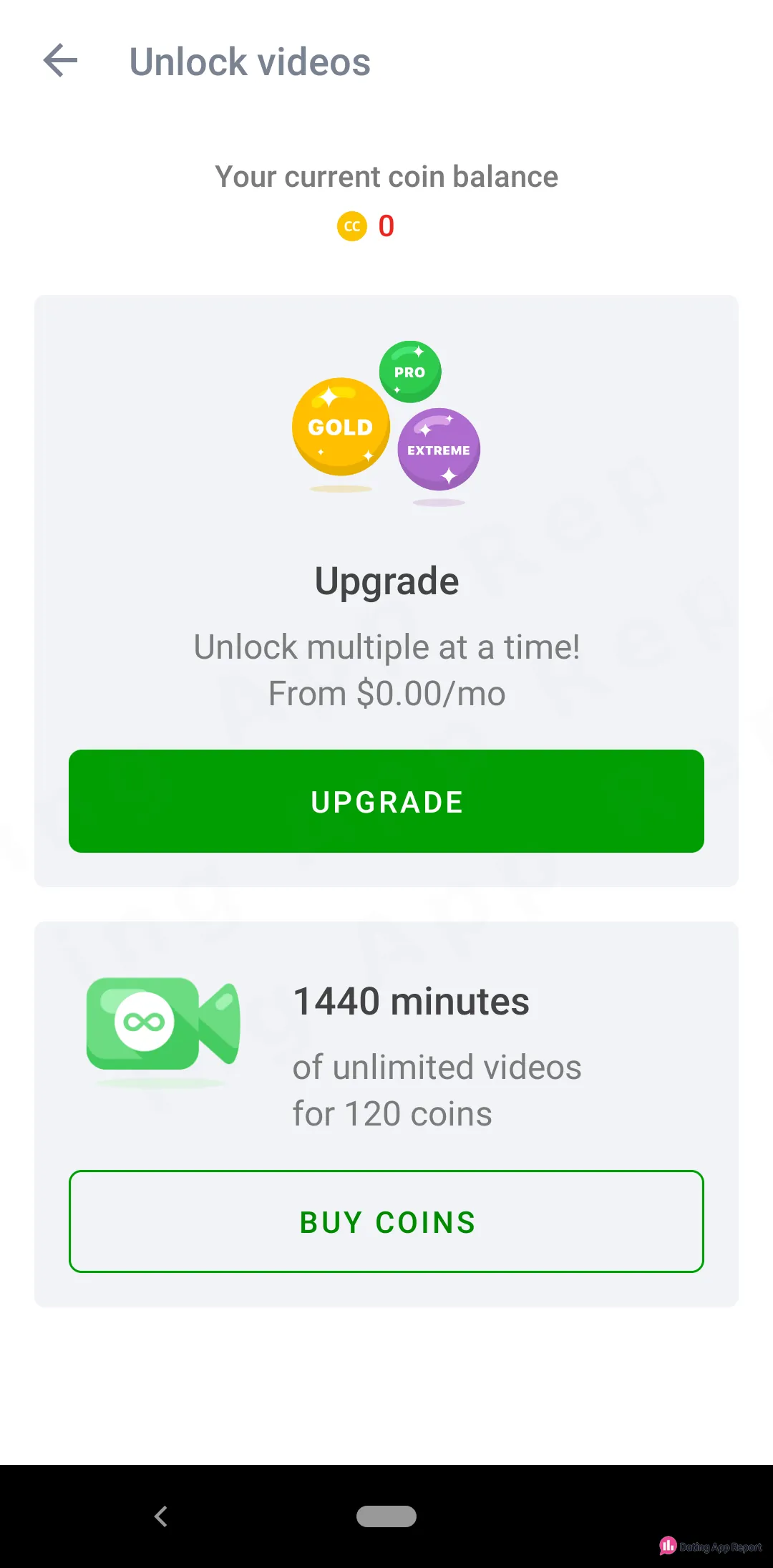 Unlock videos page shows a 0 coin balance, a GOLD/PRO/EXTREME upgrade, and 1440 minutes for 120 coins.