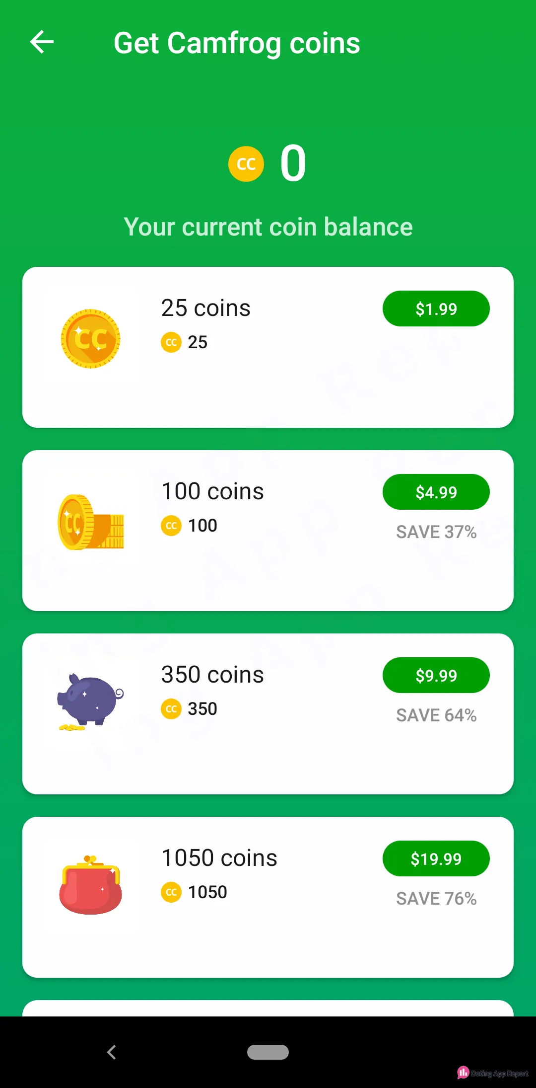 Camfrog coin store lists 25 coins for $1.99 up to 1,050 coins for $19.99, balance zero.