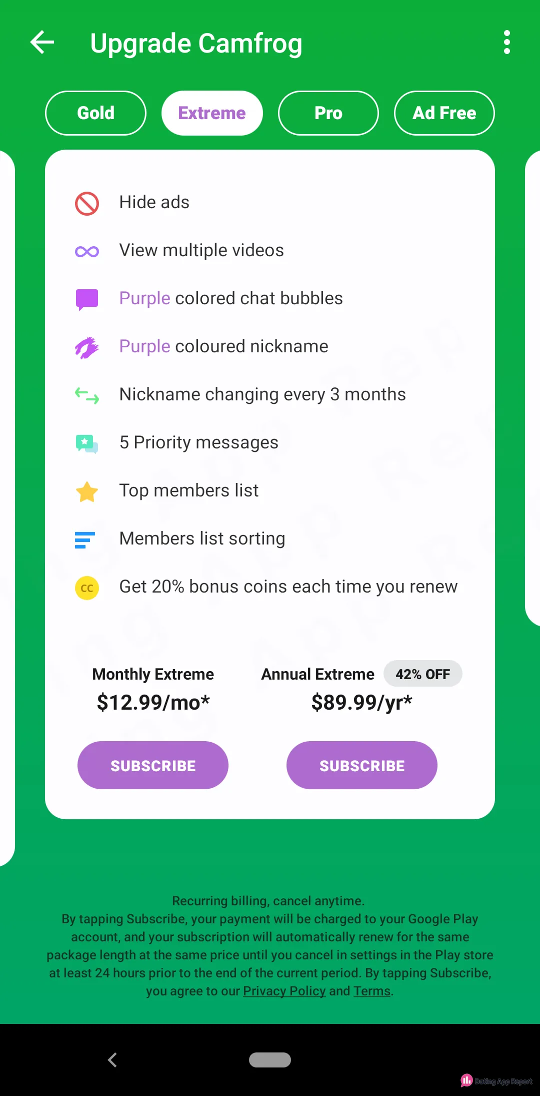 Camfrog's Extreme plan costs $12.99 a month or $89.99 a year and auto-renews until canceled in the Play Store.