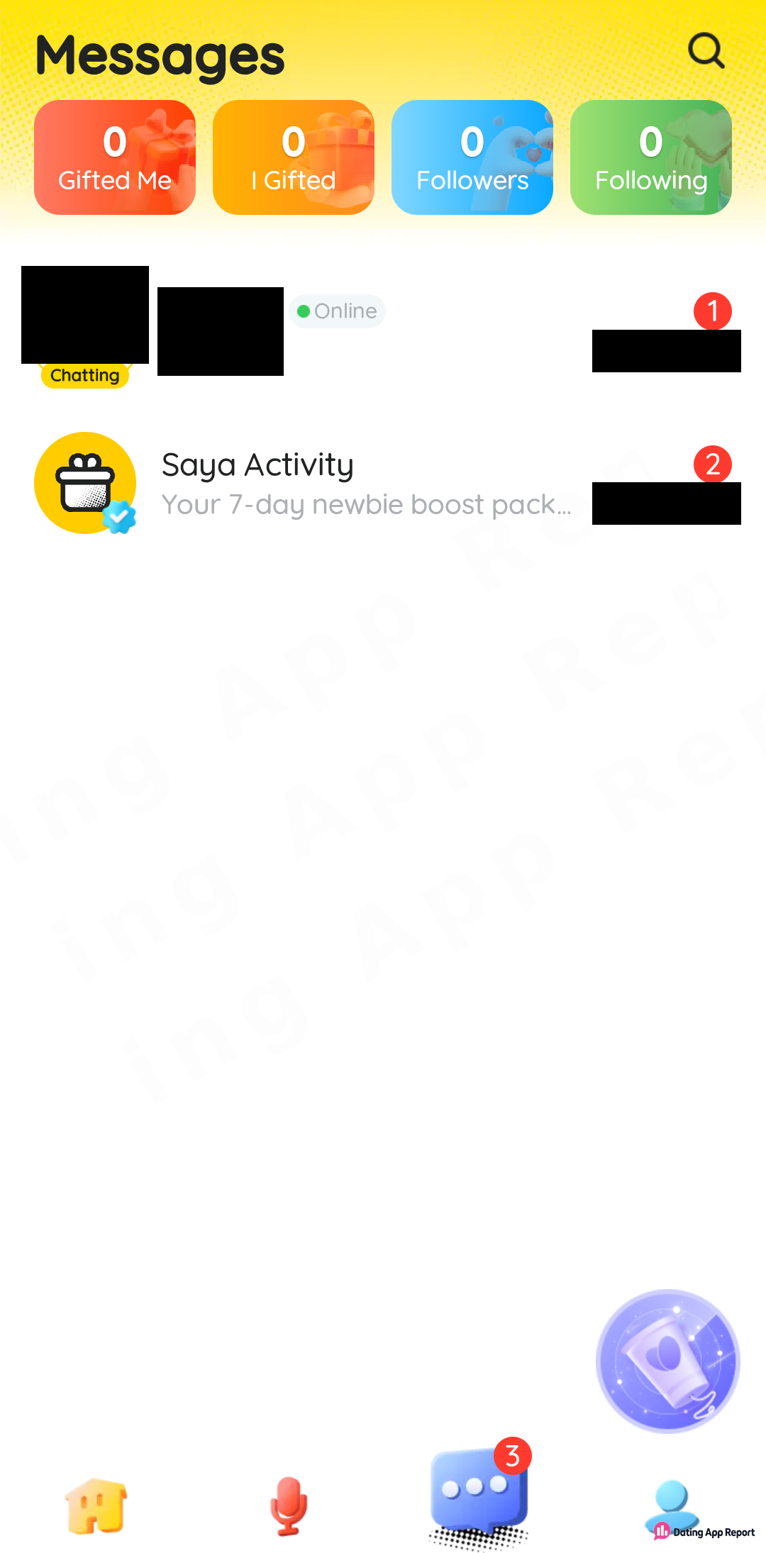 Messages list showing one Online member chat marked Chatting with 1 unread, plus Saya Activity with 2 unread.