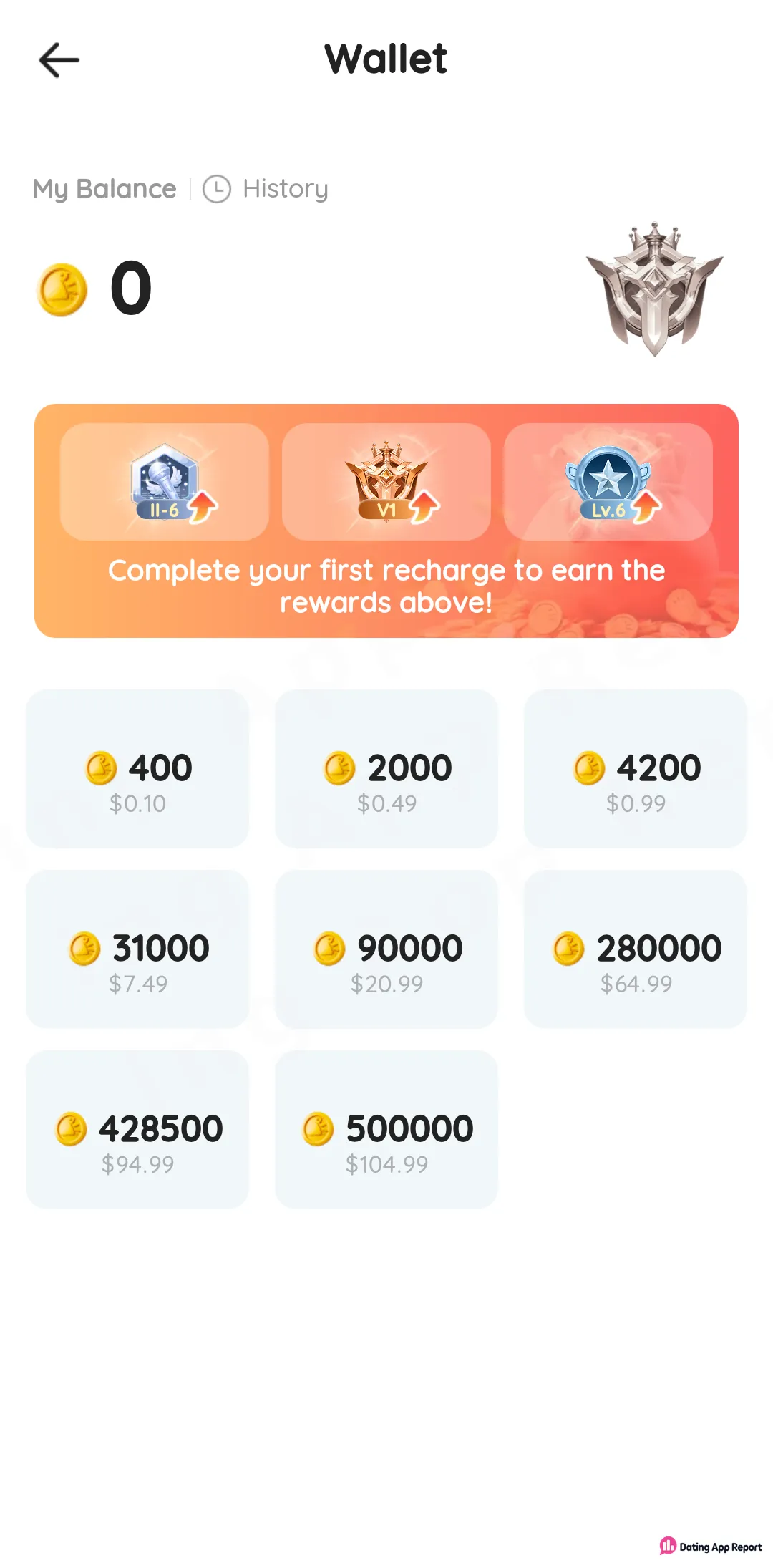 The Wallet shows a zero coin balance and eight coin packs, from 400 coins for $0.10 to 500,000 for $104.99.