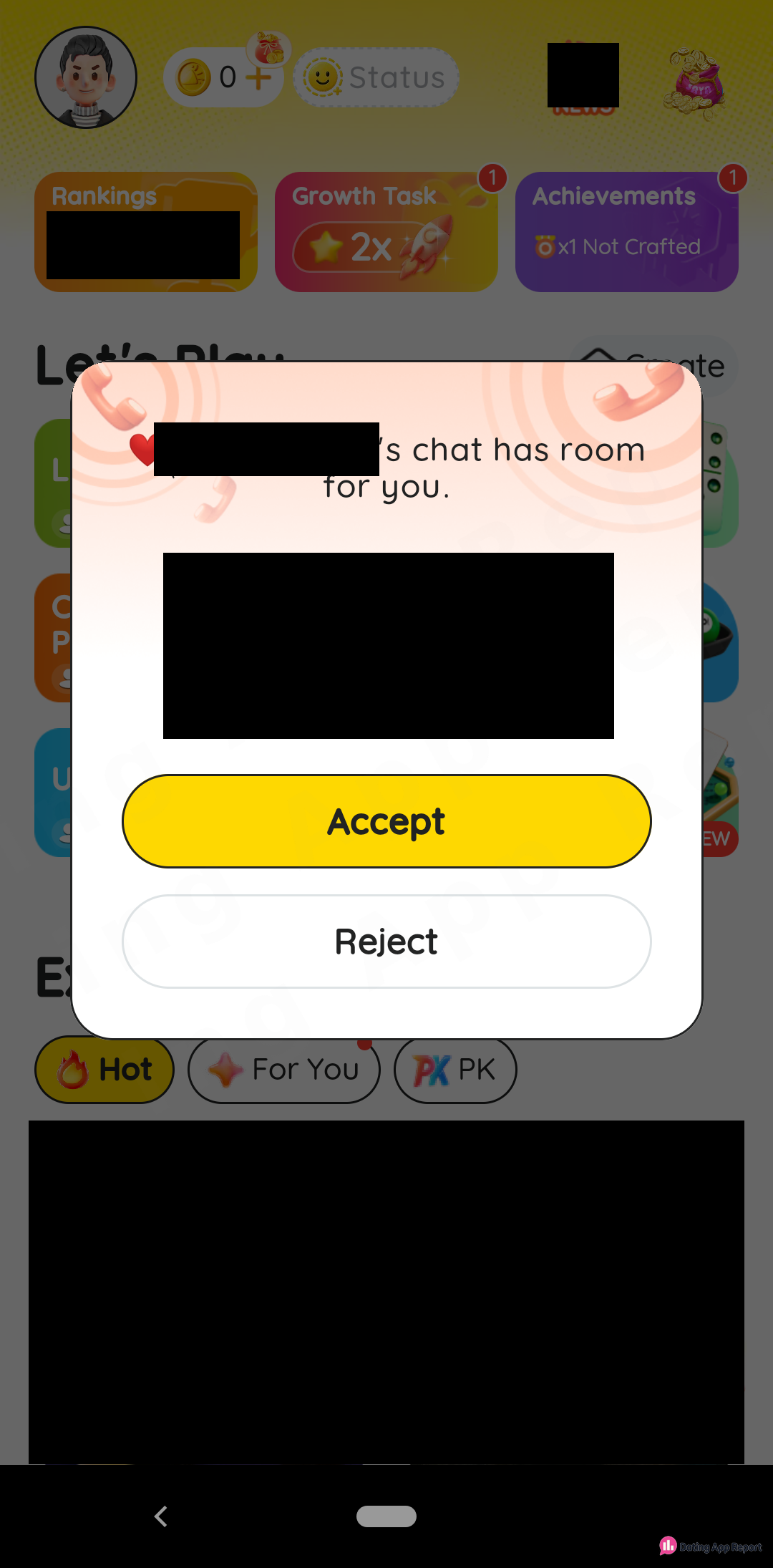 Home-screen pop-up says a member's "chat has room for you," with Accept and Reject; name and photo redacted.