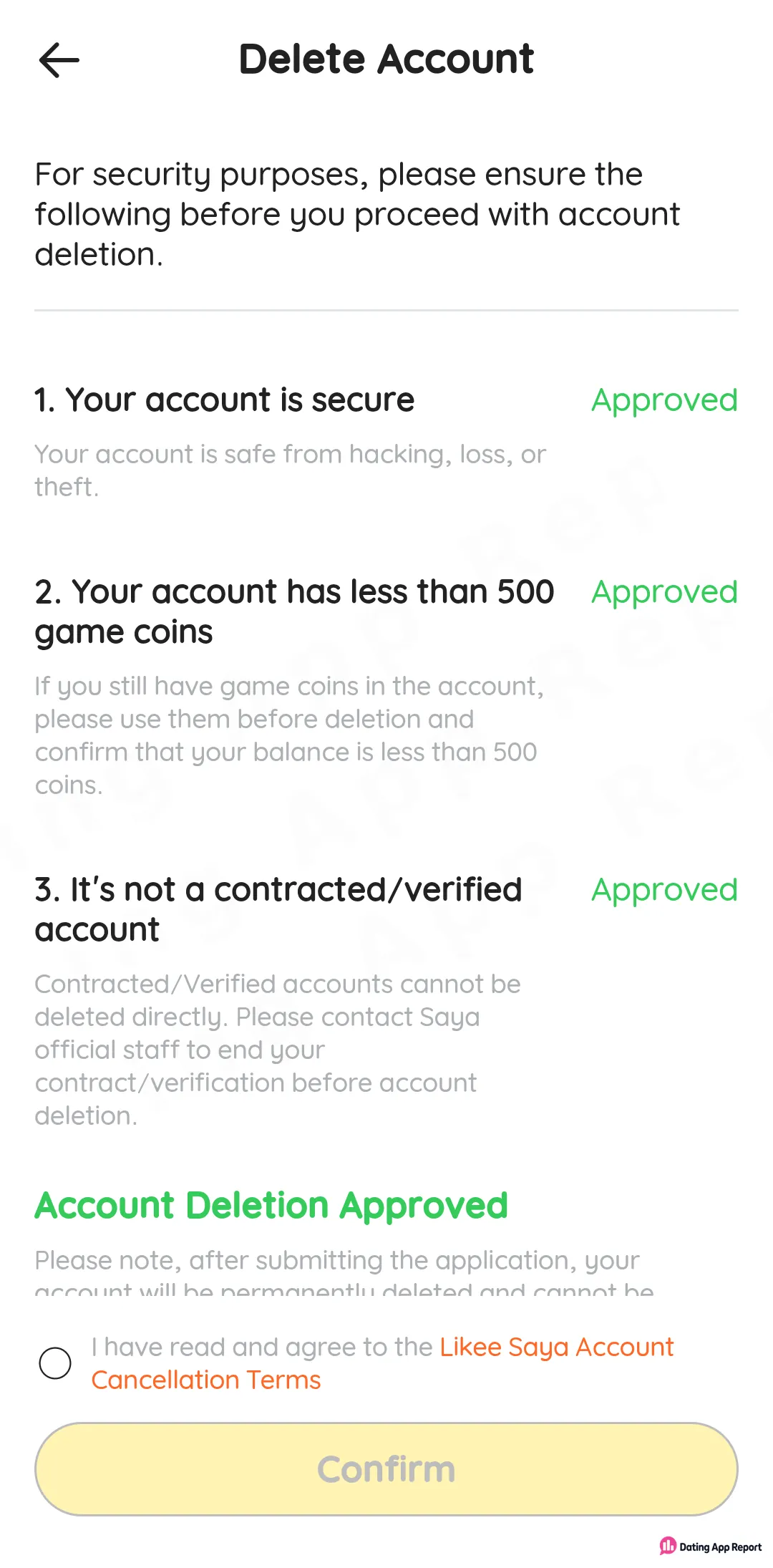 Saya Lite's Delete Account page lists three conditions, each marked Approved, and requires agreeing to cancellation terms before Confirm.