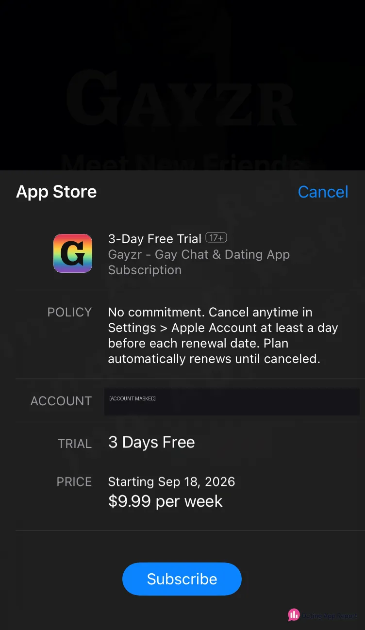 App Store purchase sheet for a Gayzr 3-day free trial that renews at $9.99 per week; account details redacted.