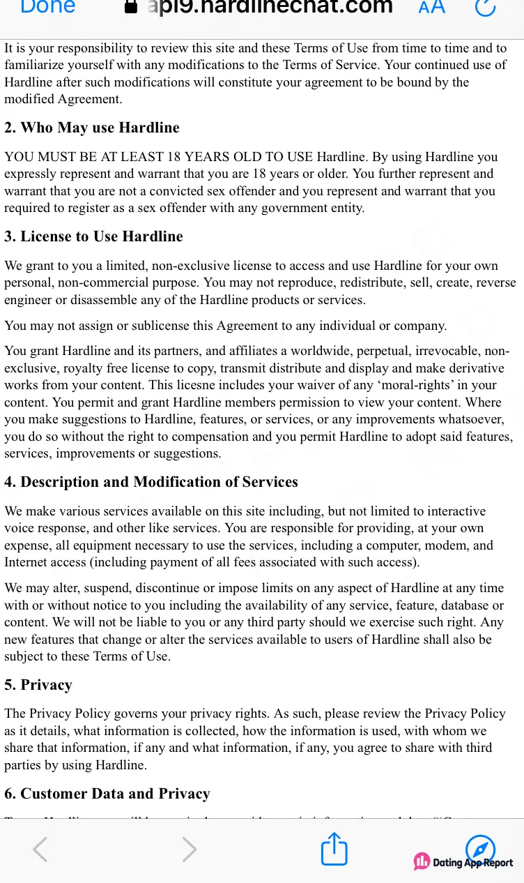 Hardline Terms of Use: users must be 18 or older and grant Hardline a perpetual, royalty-free license to their content.