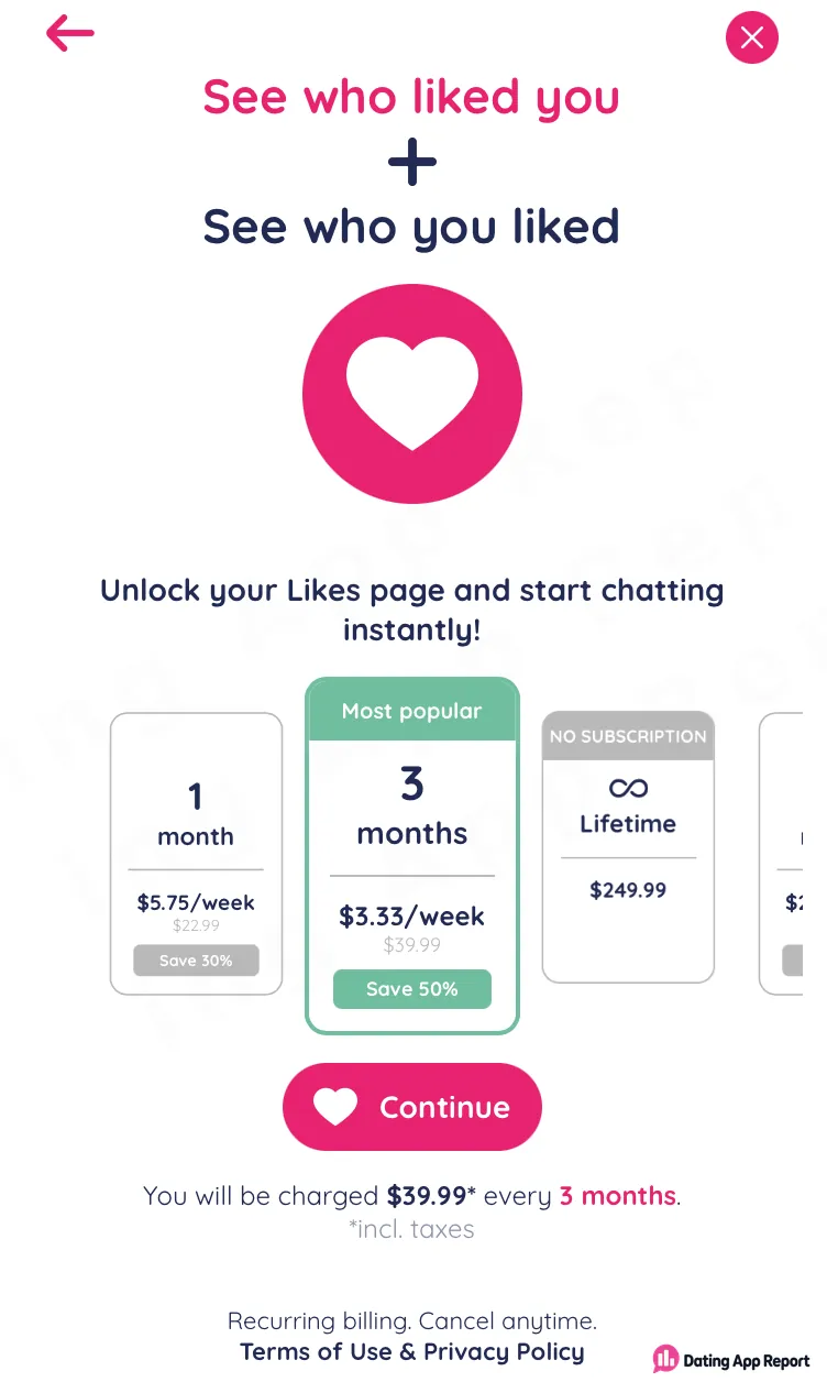 Likes paywall: 1 month $22.99, 3 months $39.99 billed every 3 months, or lifetime $249.99.