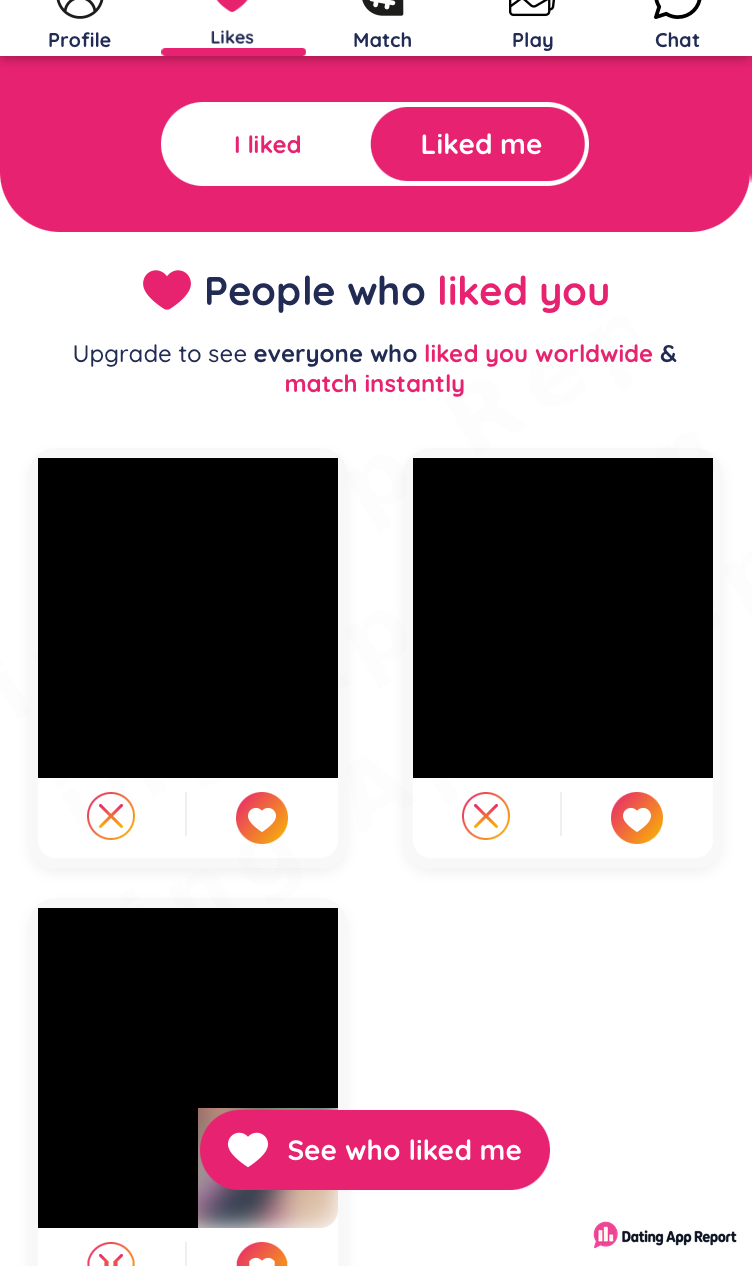 The Liked me tab asks you to upgrade to see everyone who liked you, with three profiles redacted.
