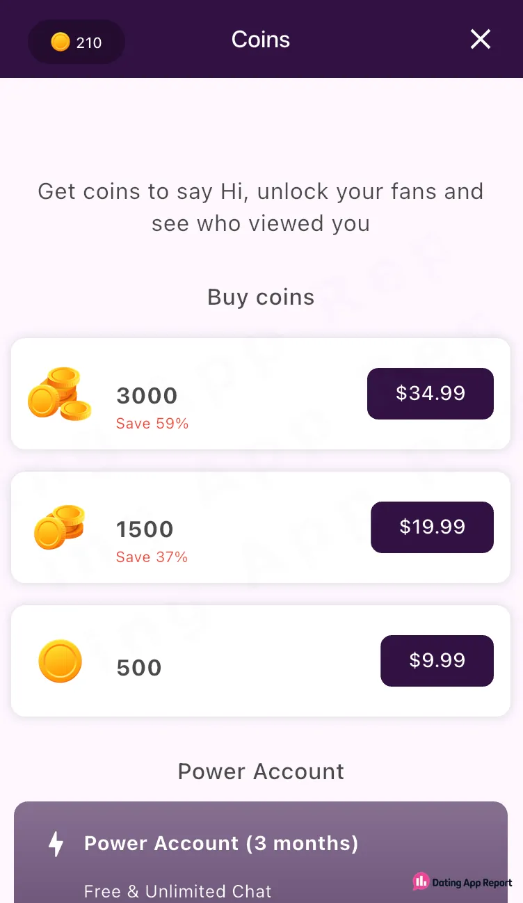 Coin packs listed at US$9.99 for 500, US$19.99 for 1,500, and US$34.99 for 3,000 coins.