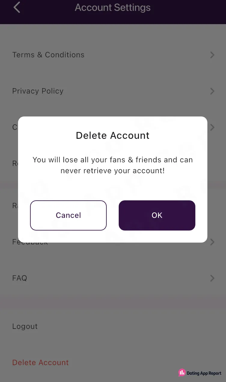 Delete Account confirmation warning that all fans and friends will be lost and the account cannot be retrieved.