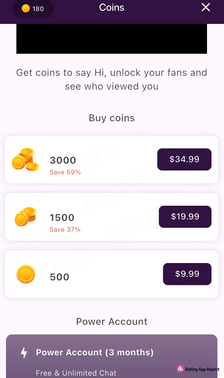 Coin packages of 500 for $9.99, 1,500 for $19.99, and 3,000 for $34.99.