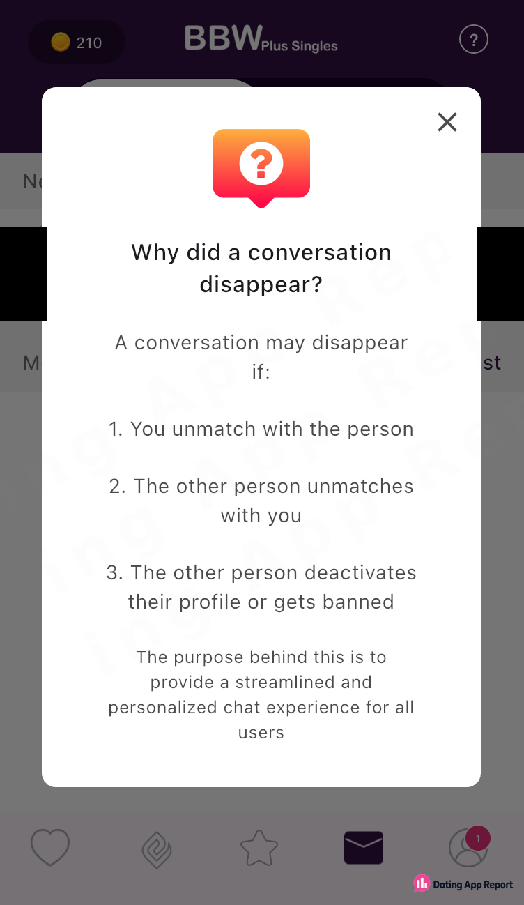 Pop-up listing reasons a conversation may disappear: an unmatch by either person, deactivation, or a ban.