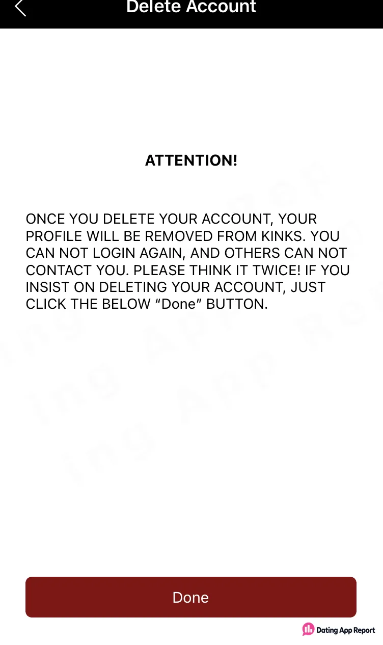 The account-deletion warning says the profile will be removed and login will no longer be possible.