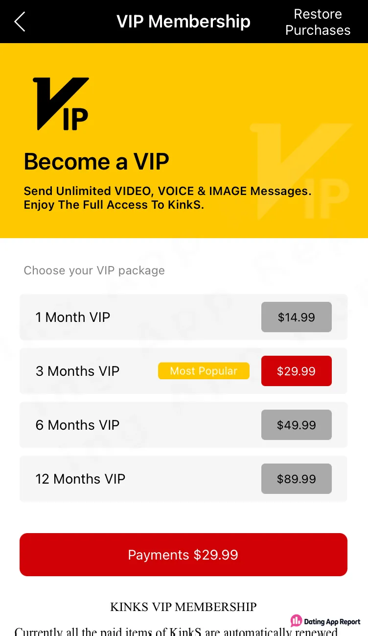 VIP plans: $14.99 for 1 month, $29.99 for 3, $49.99 for 6, $89.99 for 12; 3-month plan selected.