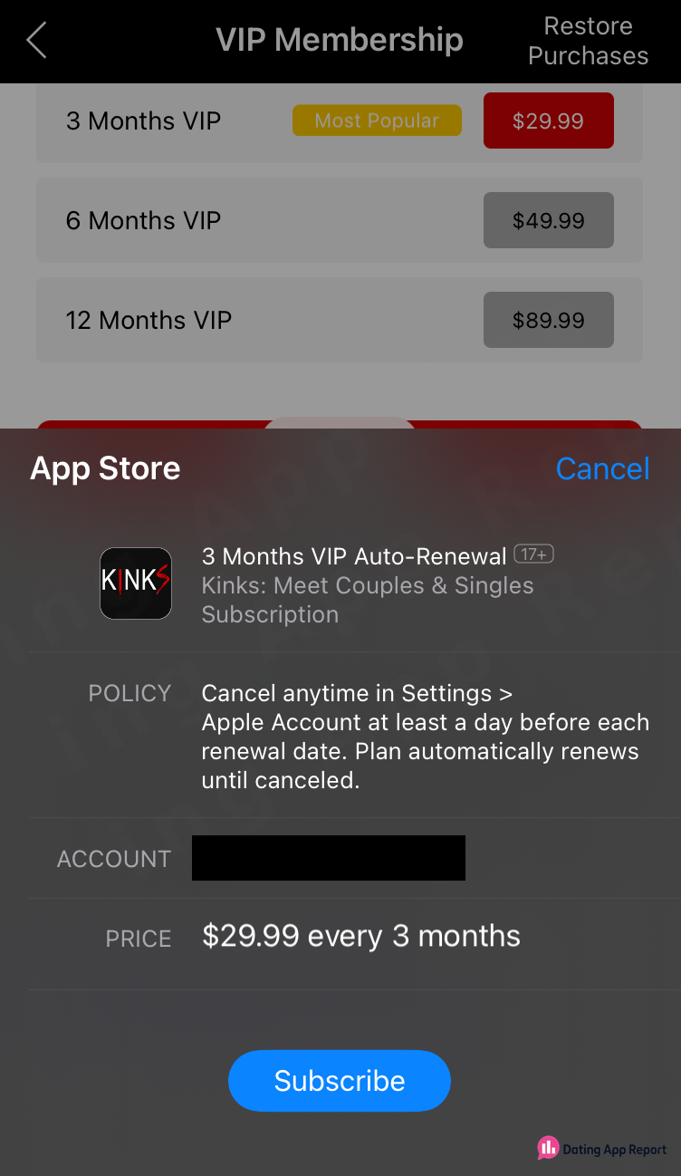 The App Store sheet shows 3 Months VIP Auto-Renewal for $29.99 every 3 months.