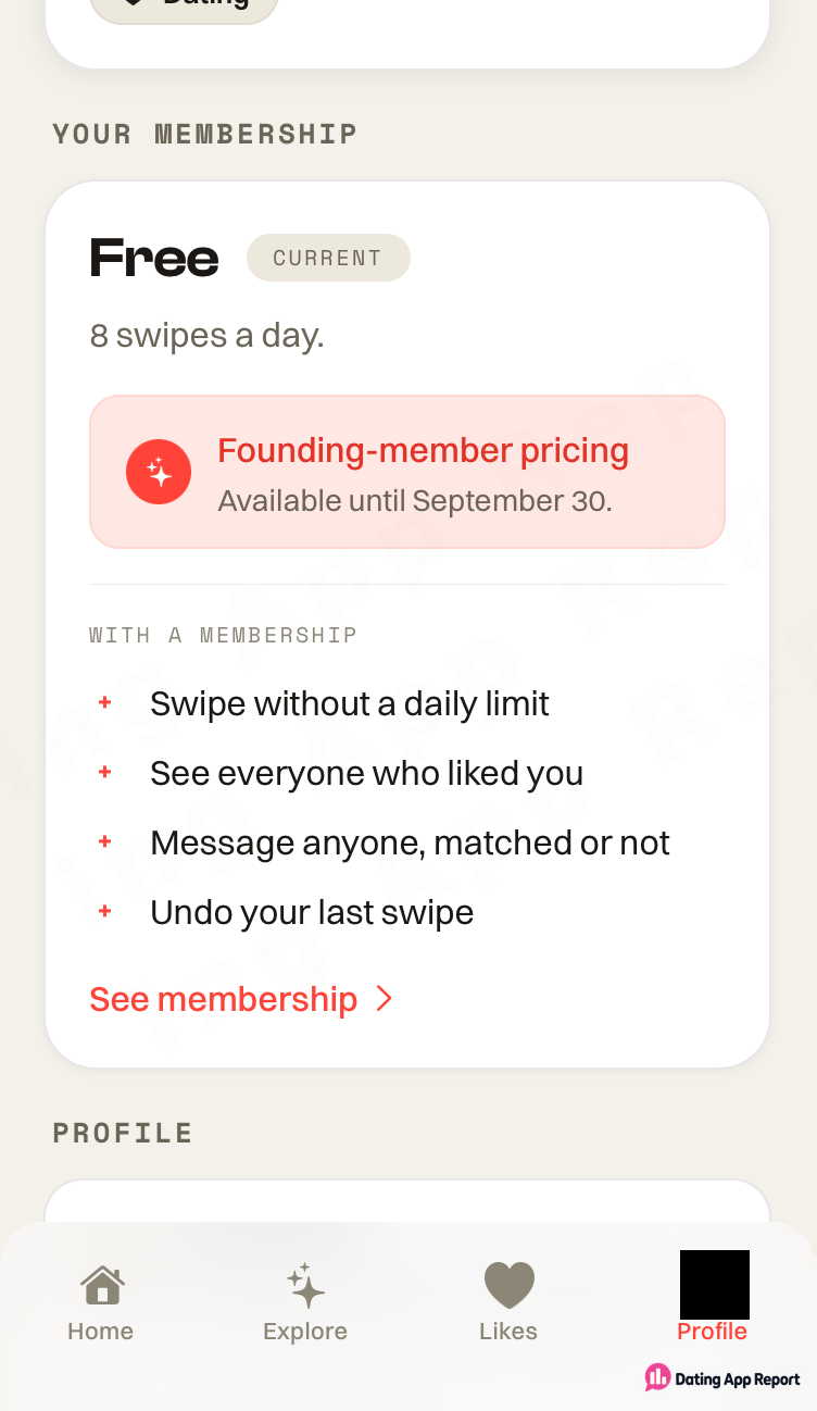 Free plan allows 8 swipes a day; membership adds unlimited swipes, see likes, messaging anyone, and undo.