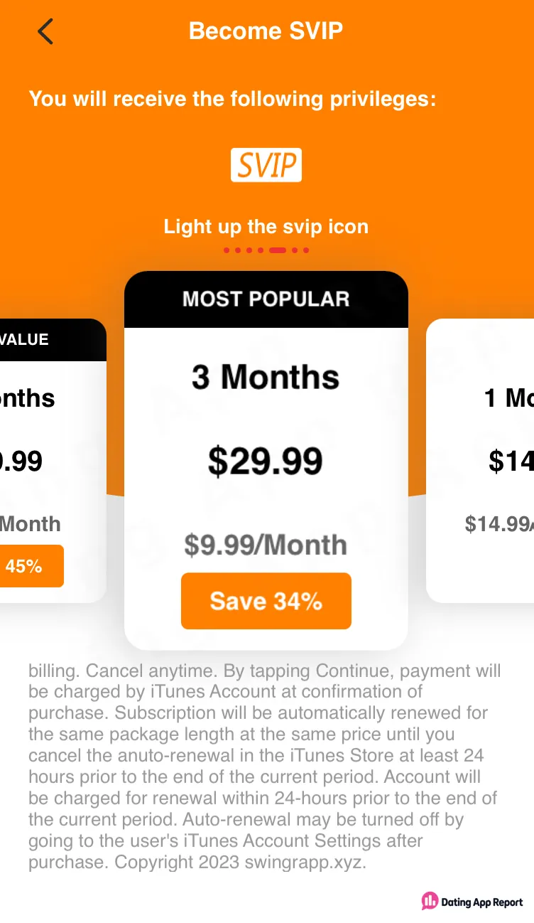 SVIP plans with 3 months for $29.99; auto-renewal terms say to cancel in iTunes a day before the period ends.