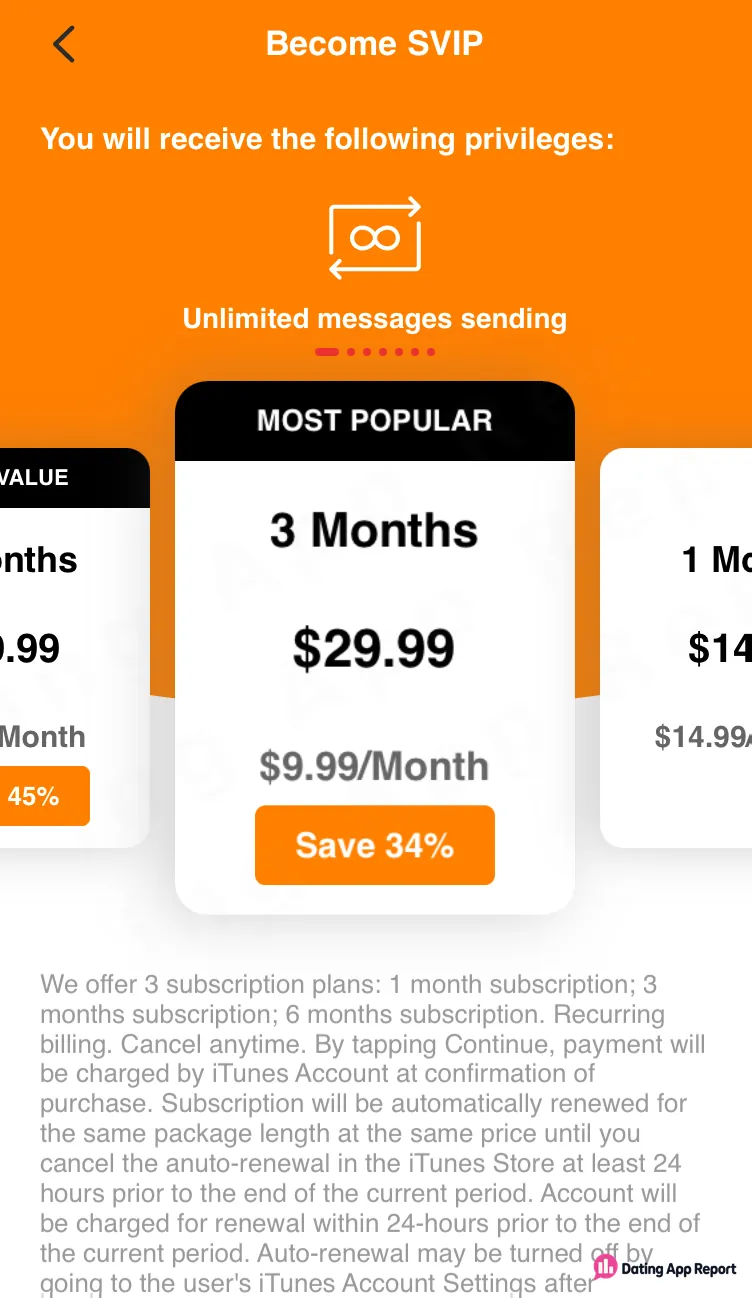 SVIP subscription screen showing a 3-month plan for $29.99, displayed as $9.99 per month.