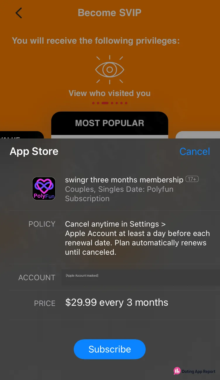 App Store purchase sheet showing a subscription price of $29.99 every 3 months.