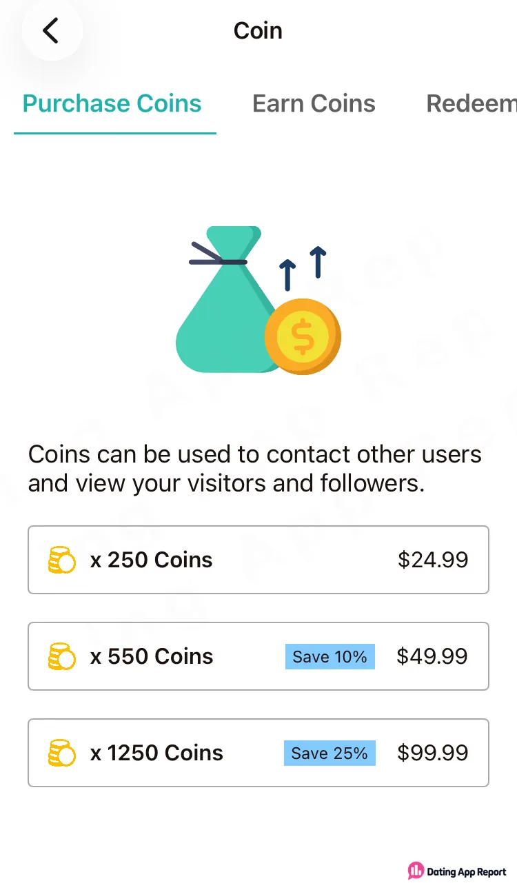 The Purchase Coins tab lists 250 coins for $24.99, 550 for $49.99, and 1,250 for $99.99.