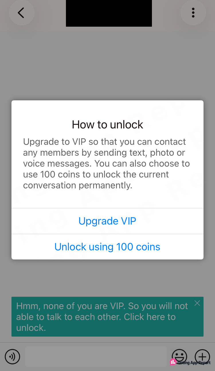 A "How to unlock" popup blocks the chat, offering a VIP upgrade or 100 coins to open this conversation.
