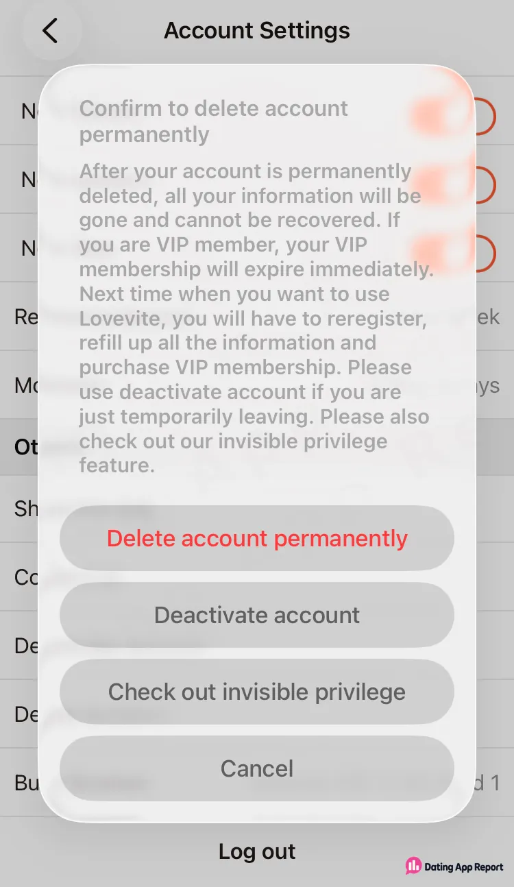 Delete-account confirmation warns VIP expires immediately, offering permanent deletion, deactivation, invisible privilege, or cancel.