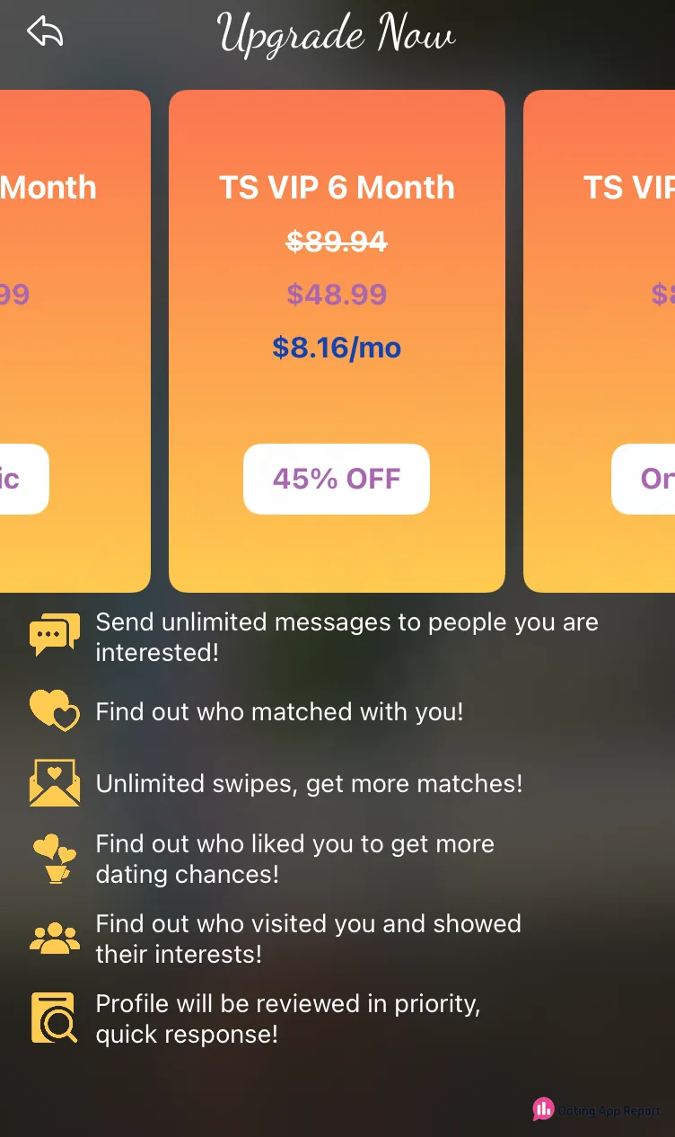TS VIP 6 Month is listed at $48.99 on the upgrade screen.
