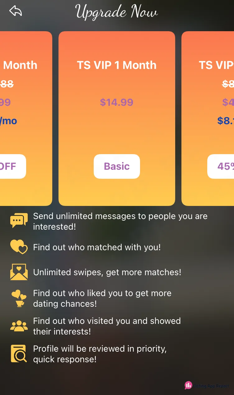 TS VIP 1 Month is listed at $14.99 on the upgrade screen.