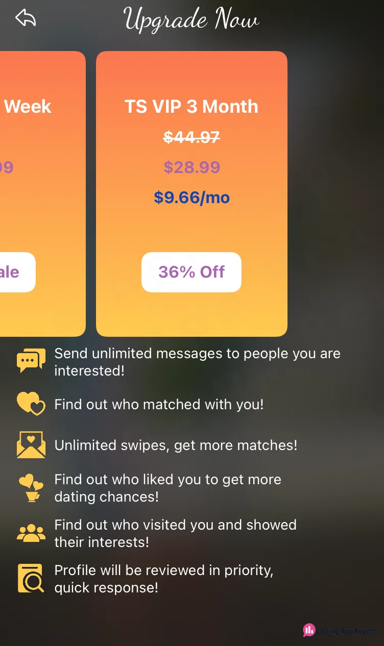 TS VIP 3 Month is listed at $28.99 on the upgrade screen.