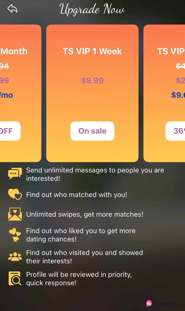 TS VIP one-week plan displayed at $8.99.