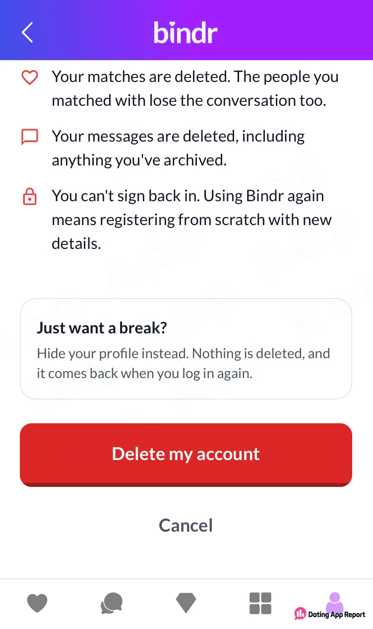 Bindr warns that a deleted account cannot be used to sign back in.
