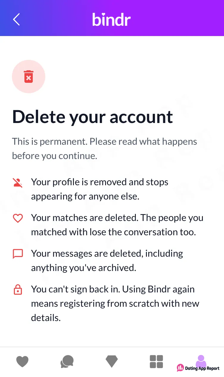 Bindr says account deletion permanently removes the profile.