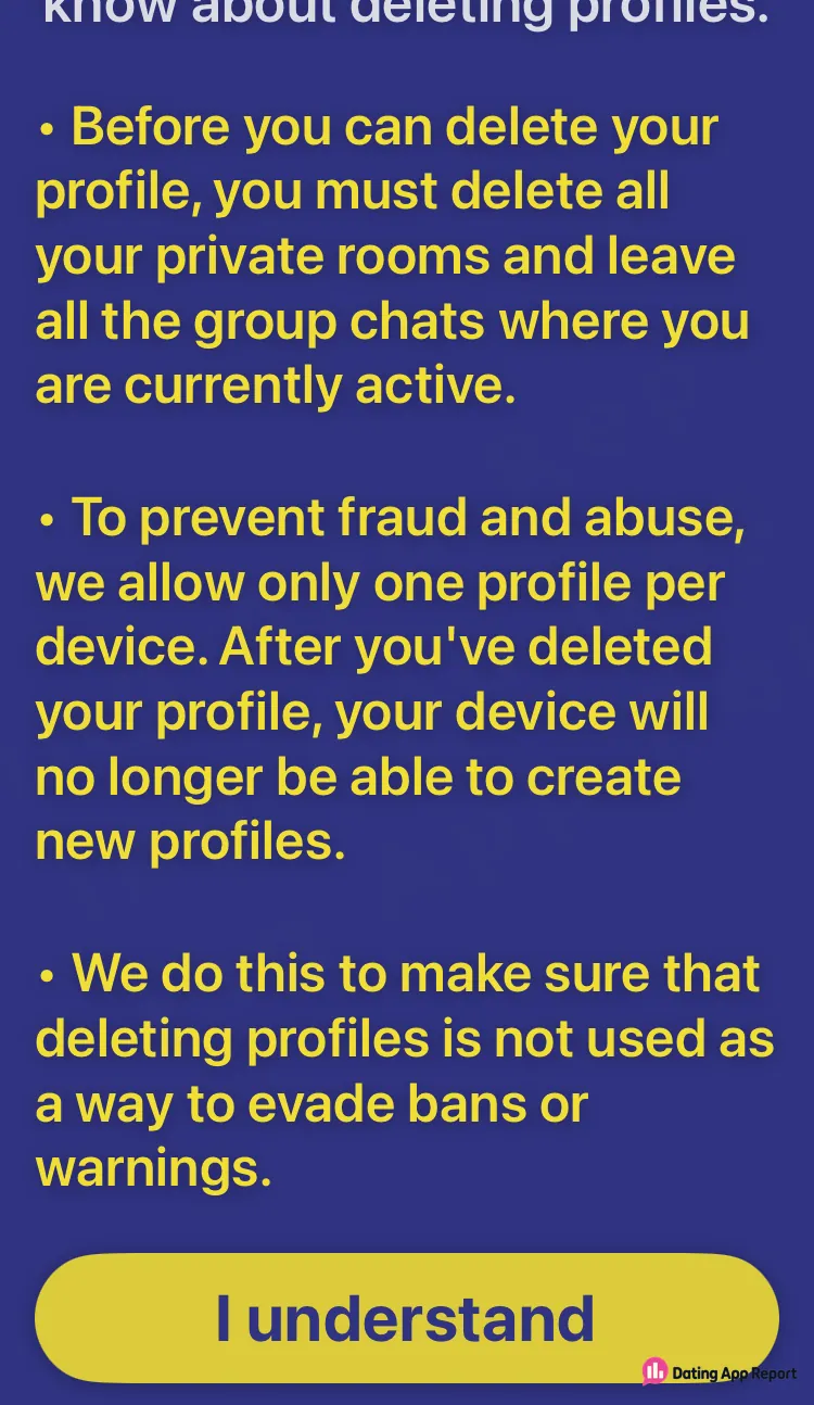 Notice says you must delete private rooms and leave group chats first; afterward the device can't create new profiles.