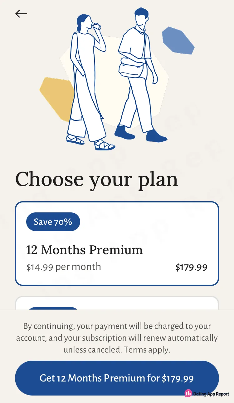 Jdate plan screen with 12 Months Premium selected at $179.99 ($14.99 a month), plus an auto-renewal notice.