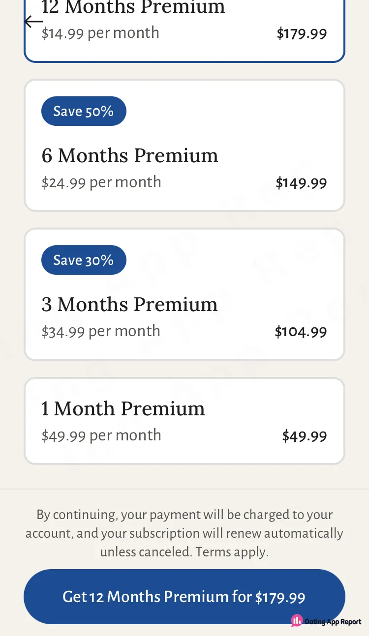 Jdate Premium plans: 12 months $179.99, 6 months $149.99, 3 months $104.99, 1 month $49.99, auto-renewing unless canceled.
