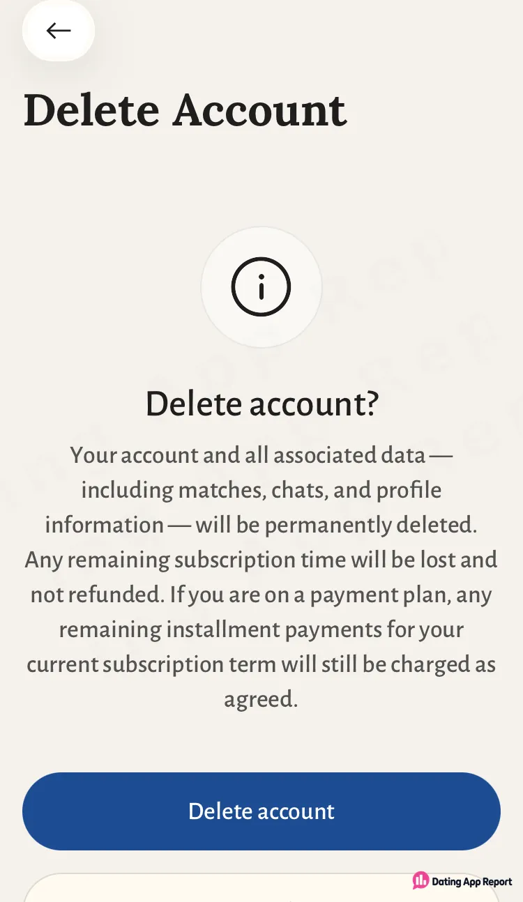Jdate's Delete Account screen warns that leftover subscription time isn't refunded and installment payments still get charged.