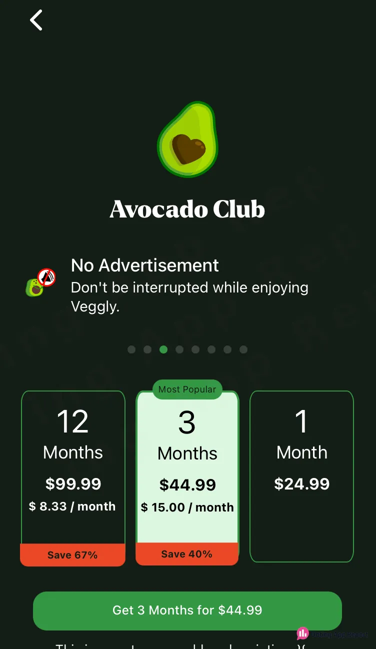 Avocado Club plan options show 12 months for $99.99, 3 months for $44.99, and 1 month for $24.99.