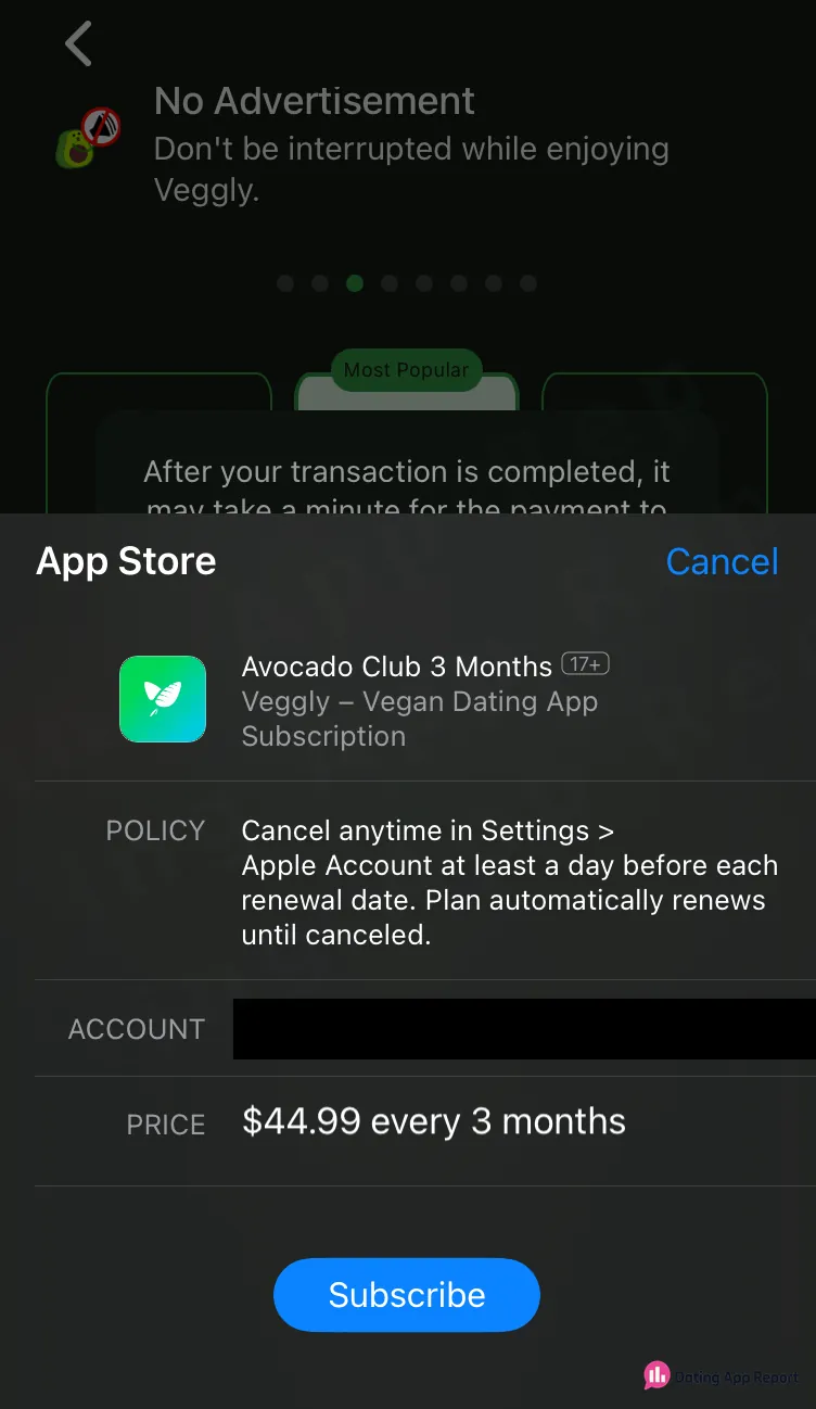 The App Store sheet shows Avocado Club at $44.99 every 3 months, automatically renewing until canceled.