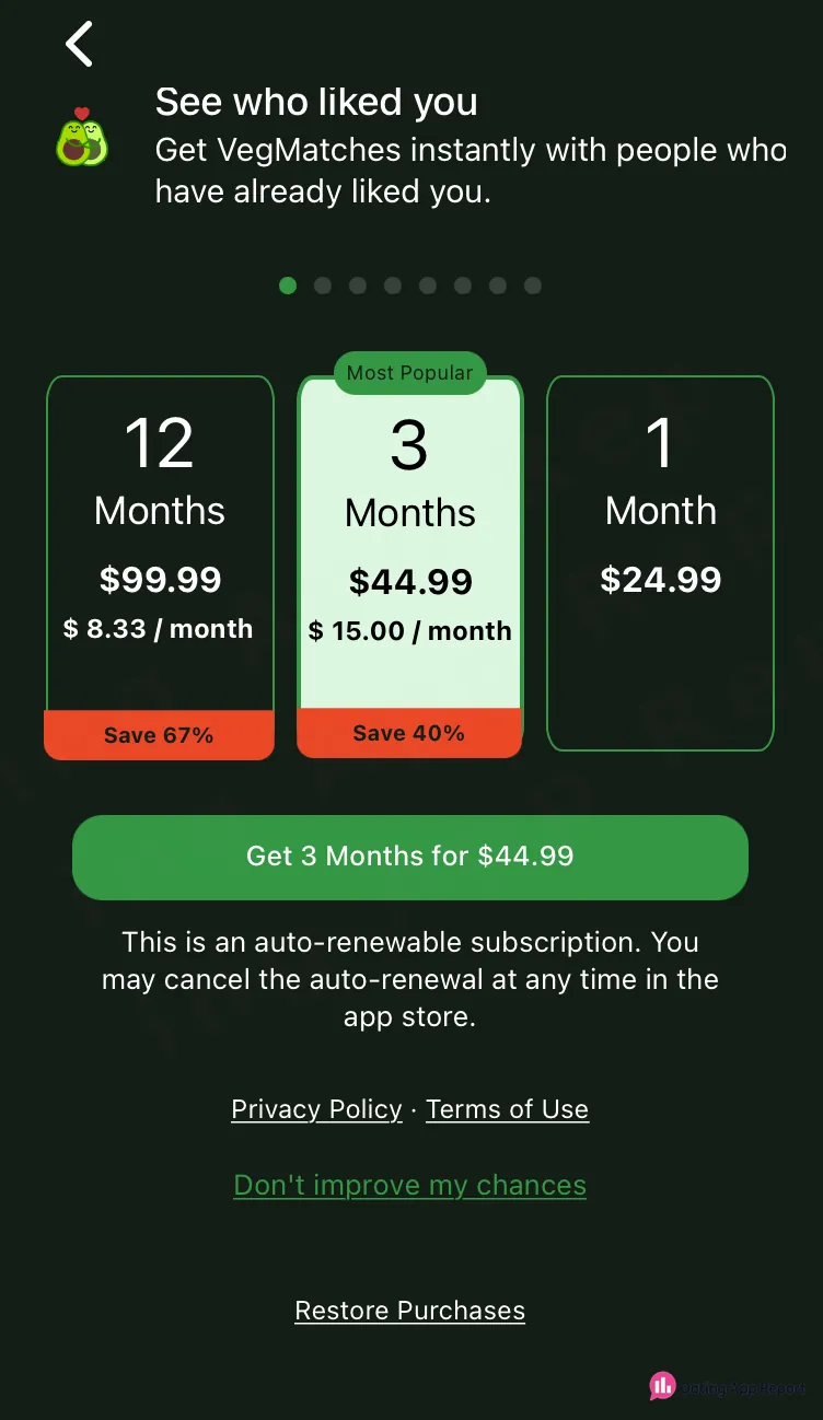 The subscription picker lists 12 months for $99.99, 3 months for $44.99, and 1 month for $24.99.