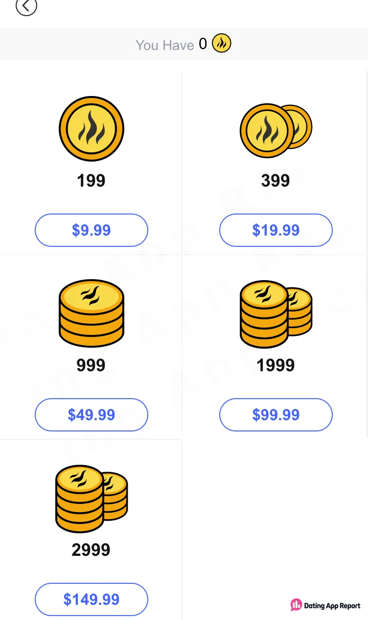 Coin packs ranging from 199 for $9.99 to 2,999 for $149.99.