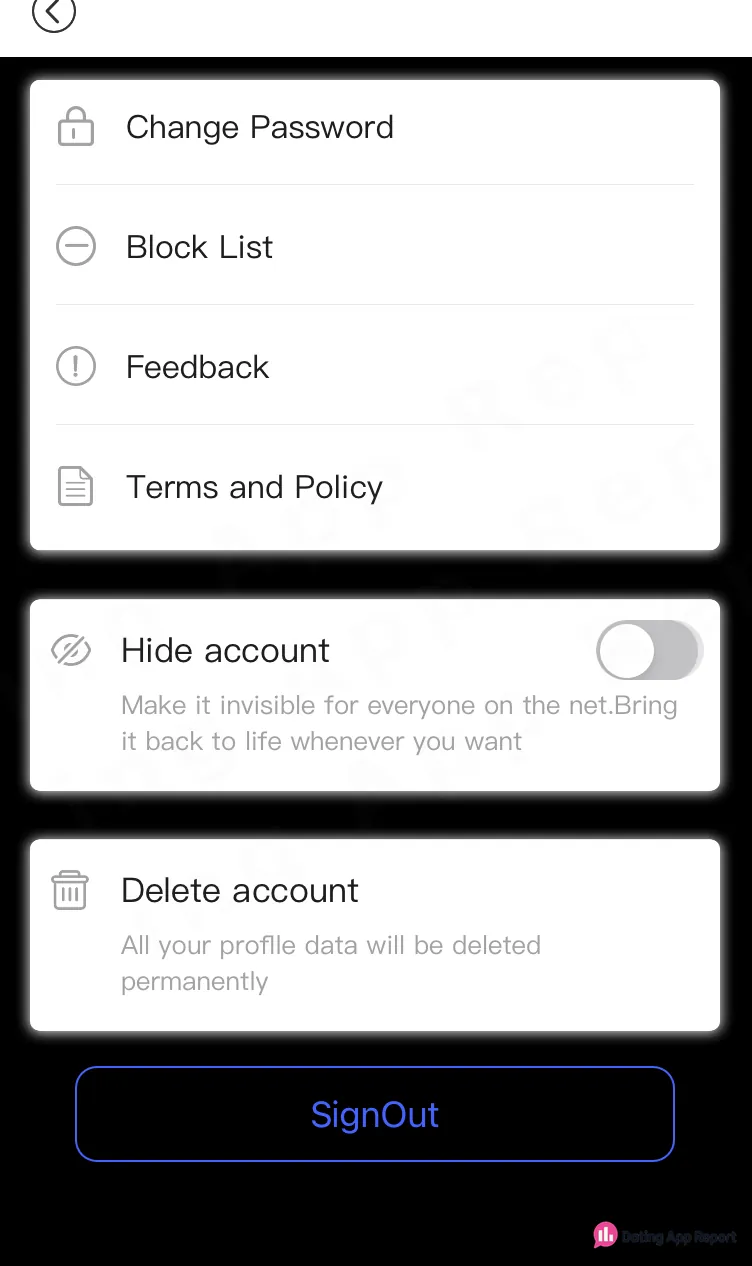 Settings describes Hide account as reversible and Delete account as permanent removal of profile data.