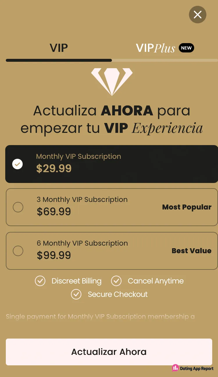 VIP upgrade page lists $29.99 for one month (pre-selected), $69.99 for 3 months, and $99.99 for 6 months.