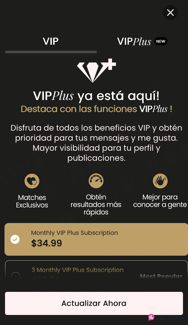 VIPPlus upgrade tab with the monthly plan pre-selected at $34.99; the 3-month price is cut off.