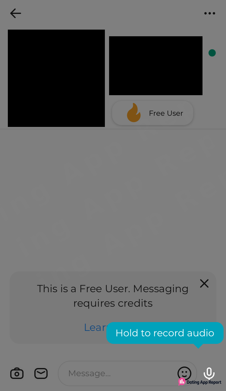 A chat with a "Free User" member says "This is a Free User. Messaging requires credits." Photo and name redacted.