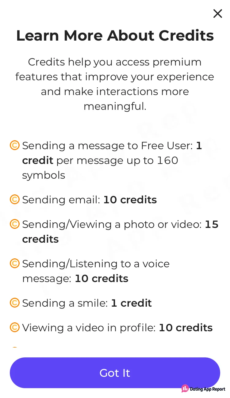 Credits explainer listing costs: 1 credit per message or smile, 10–15 credits for email, media, voice.