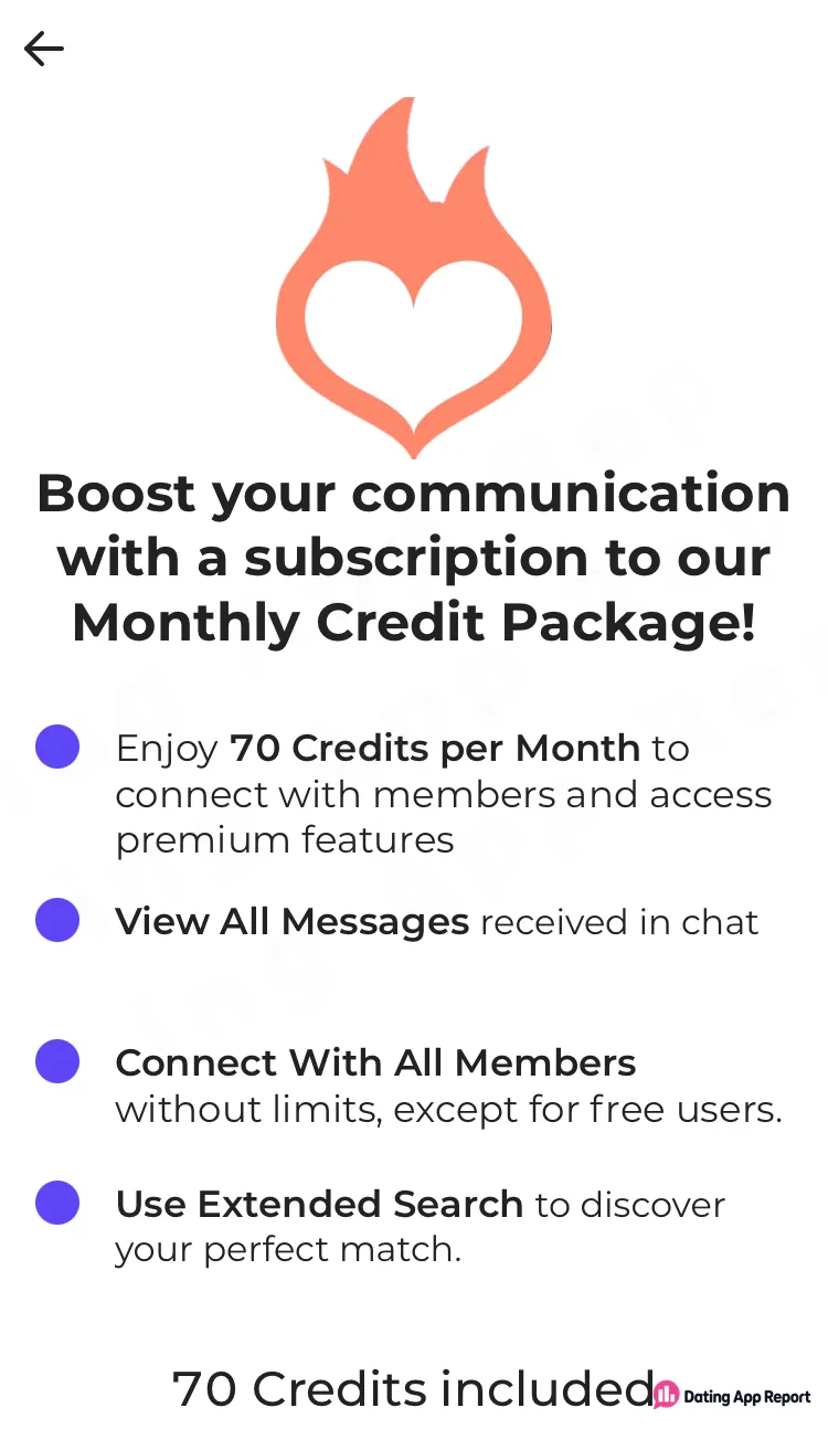 EuroDate's Monthly Credit Package lists 70 credits monthly, viewing all messages, unlimited contact except with free users, and extended search.