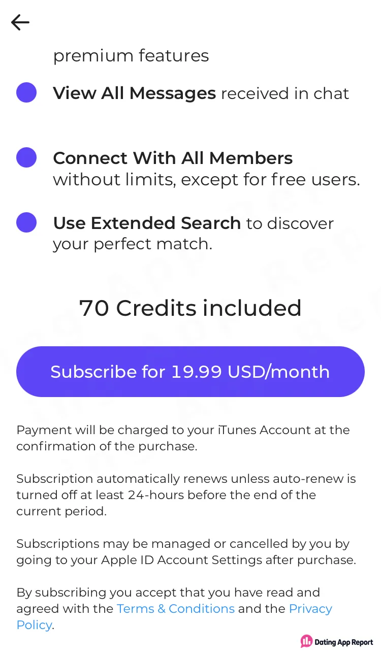 EuroDate subscription screen offering 70 credits for $19.99 a month, with auto-renewal and Apple ID cancellation terms.
